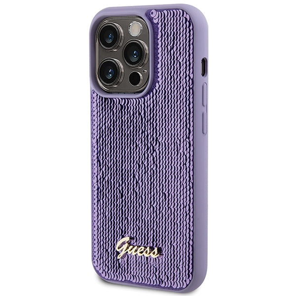 Guess Sequin Script Metal dėklas iPhone 15 Pro – violetinis