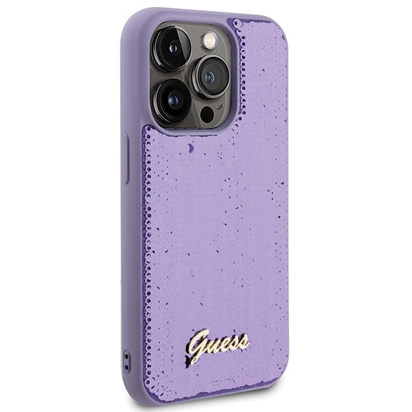 Guess Sequin Script Metal dėklas iPhone 15 Pro – violetinis