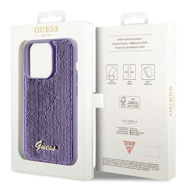 Guess Sequin Script Metal dėklas iPhone 15 Pro – violetinis