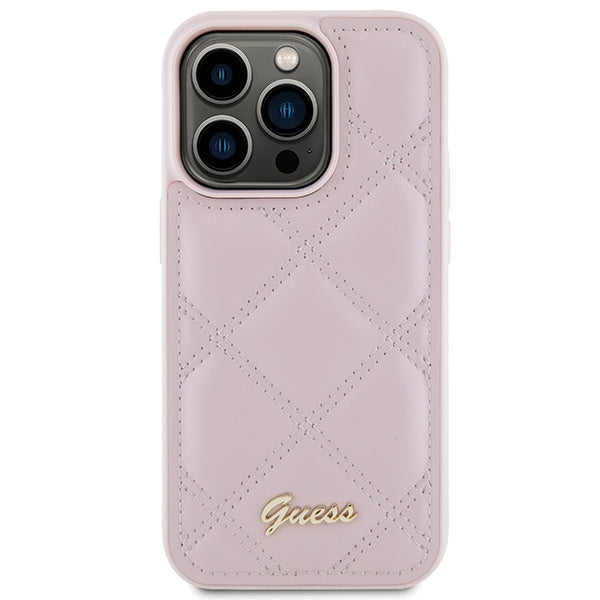 Guess Quilted Metal Logo dėklas iPhone 15 Pro – rožinis