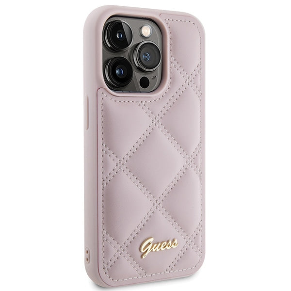 Guess Quilted Metal Logo dėklas iPhone 15 Pro – rožinis
