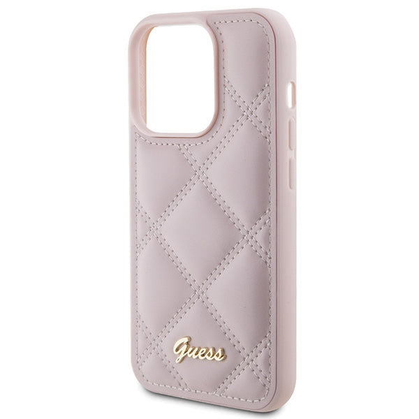 Guess Quilted Metal Logo dėklas iPhone 15 Pro – rožinis