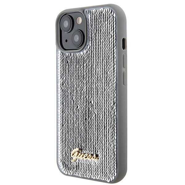 Guess Sequin Script Metal dėklas iPhone 15 – sidabrinis