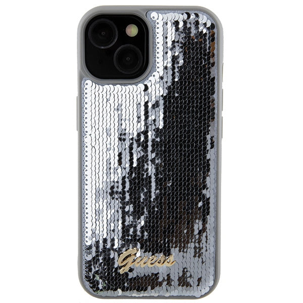 Guess Sequin Script Metal dėklas iPhone 15 – sidabrinis