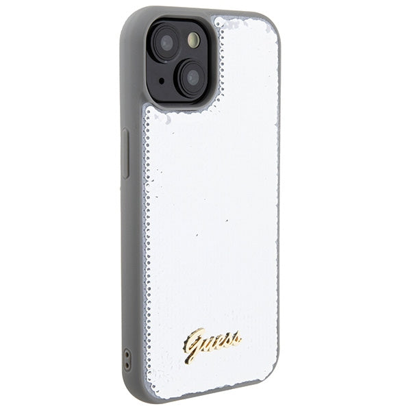 Guess Sequin Script Metal dėklas iPhone 15 – sidabrinis