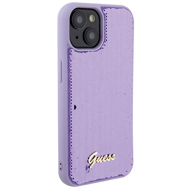 Guess Sequin Script Metal dėklas iPhone 15 – violetinis