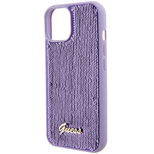 Guess Sequin Script Metal dėklas iPhone 15 – violetinis