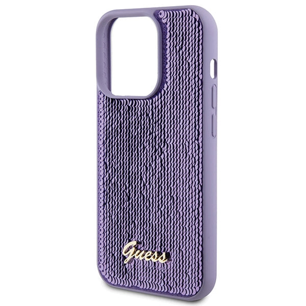 Guess blizgučių dėklas iPhone 15 Pro Max – violetinis
