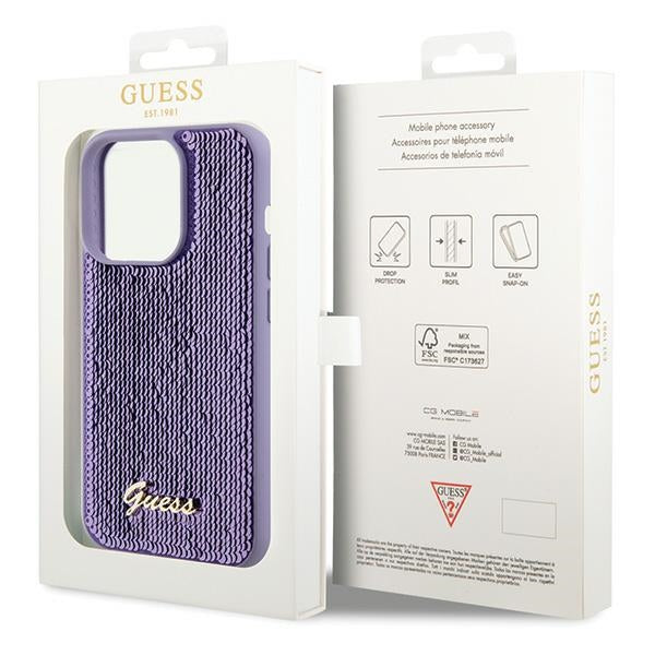Guess blizgučių dėklas iPhone 15 Pro Max – violetinis