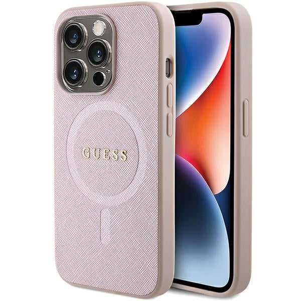 Guess Saffiano MagSafe dėklas iPhone 15 Pro – rožinis