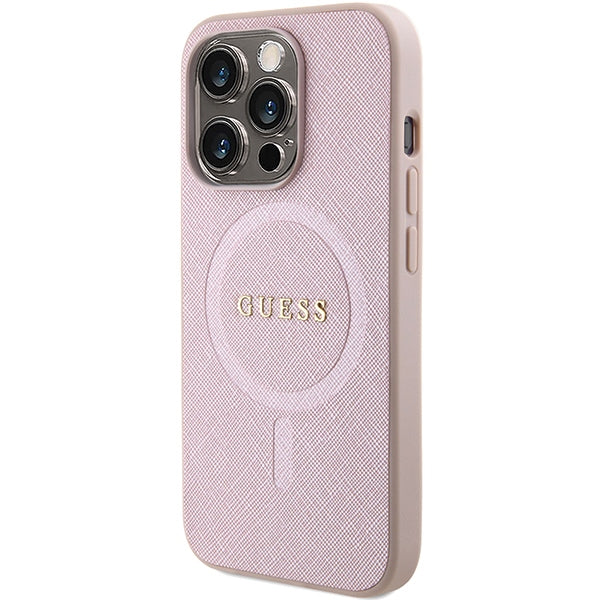Guess Saffiano MagSafe dėklas iPhone 15 Pro – rožinis