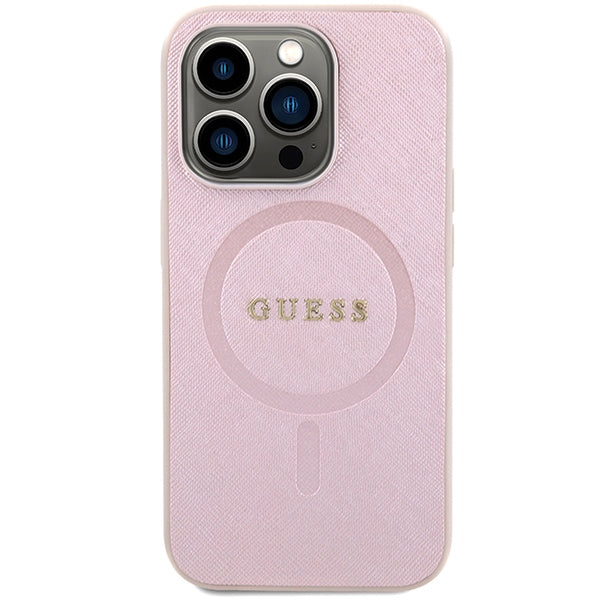 Guess Saffiano MagSafe dėklas iPhone 15 Pro – rožinis