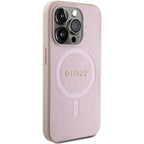 Guess Saffiano MagSafe dėklas iPhone 15 Pro – rožinis