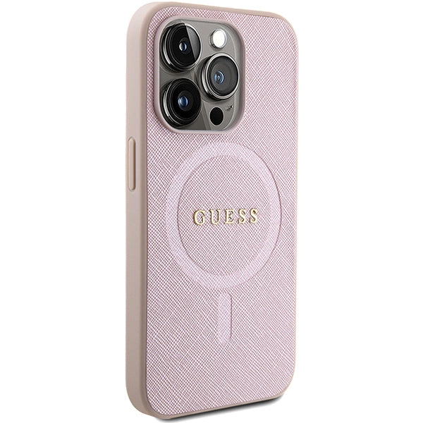 Guess Saffiano MagSafe dėklas iPhone 15 Pro – rožinis