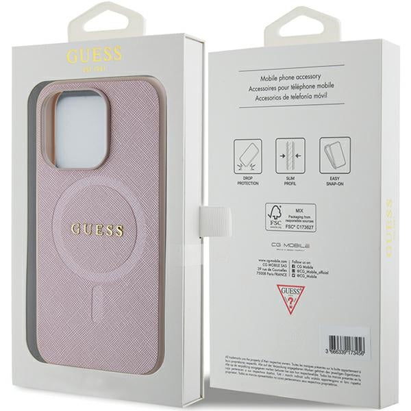 Guess Saffiano MagSafe dėklas iPhone 15 Pro – rožinis