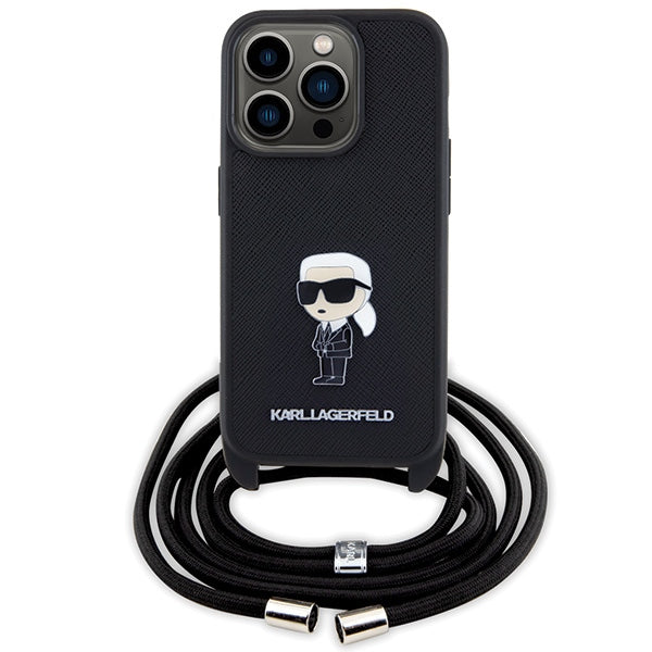 Karl Lagerfeld dėklas iPhone 15 Pro su dirželiu – juodas