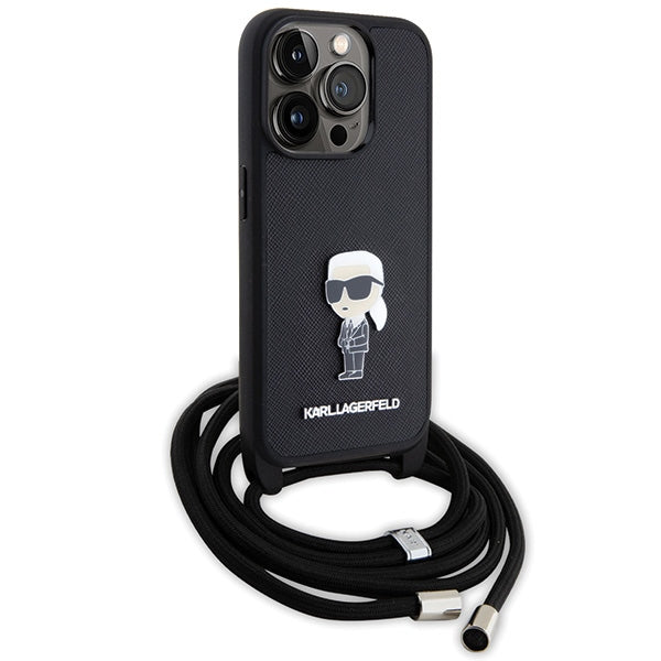 Karl Lagerfeld dėklas iPhone 15 Pro su dirželiu – juodas