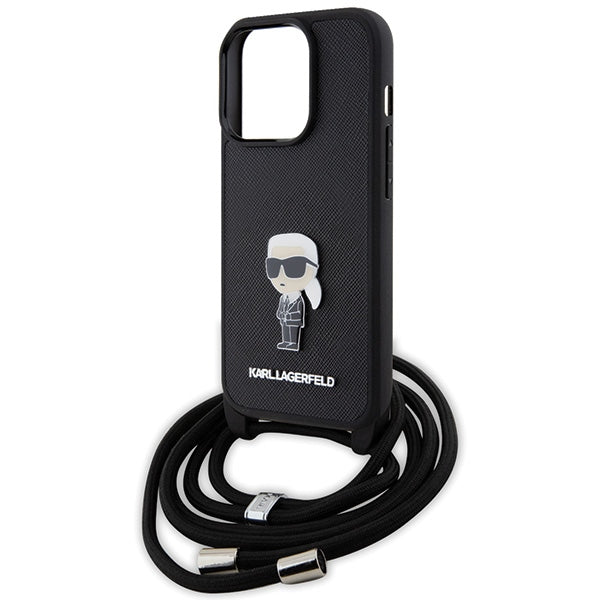 Karl Lagerfeld dėklas iPhone 15 Pro su dirželiu – juodas
