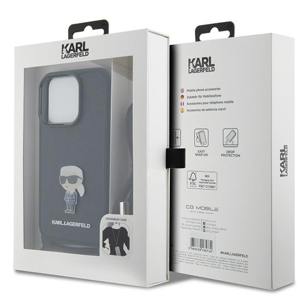 Karl Lagerfeld dėklas iPhone 15 Pro su dirželiu – juodas
