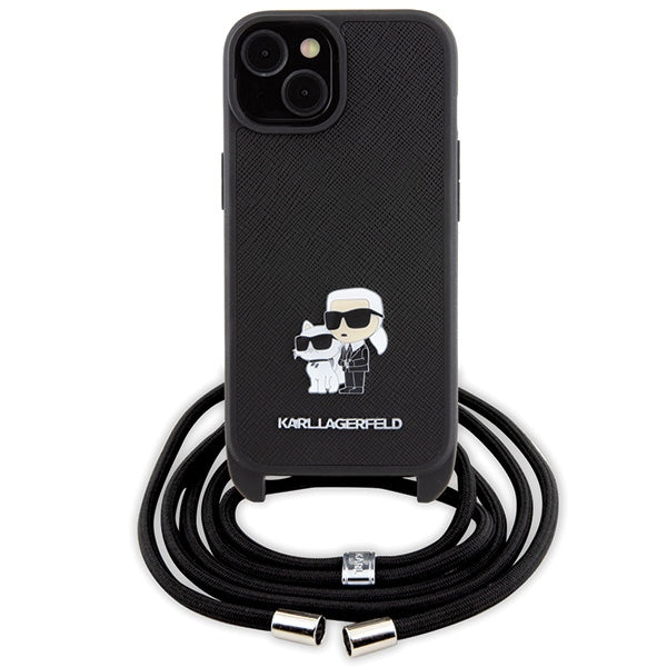Karl Lagerfeld dėklas iPhone 15 su dirželiu – juodas
