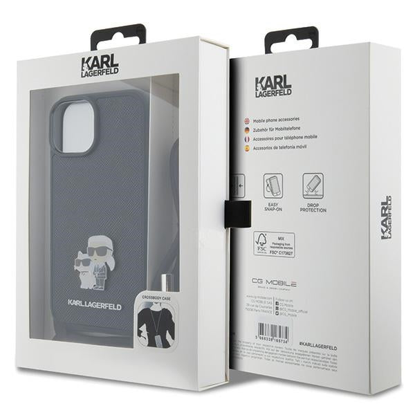 Karl Lagerfeld dėklas iPhone 15 su dirželiu – juodas