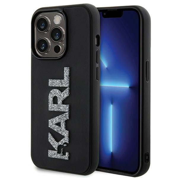 Karl Lagerfeld 3D Rubber Glitter Logo dėklas iPhone 15 Pro – juodas -- iPhone 15 Pro Max
