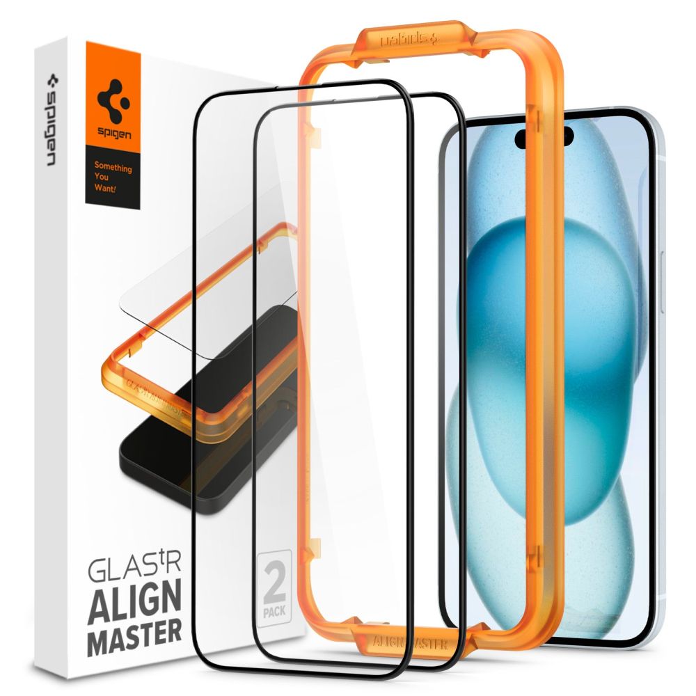 Spigen AlignMaster grūdintas stiklas iPhone 15 – juodas (2 vnt.)