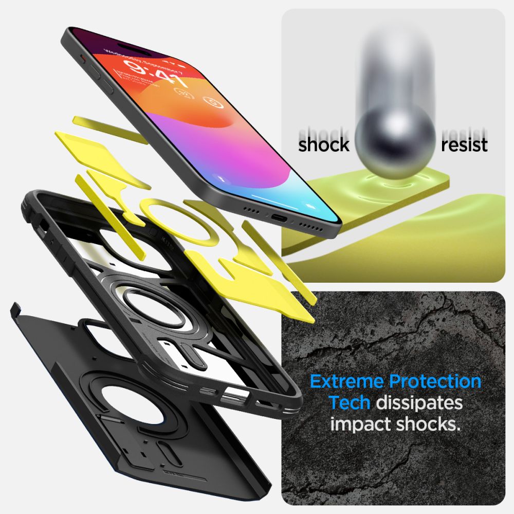 Spigen Tough Armor MagSafe dėklas iPhone 15 – juodas