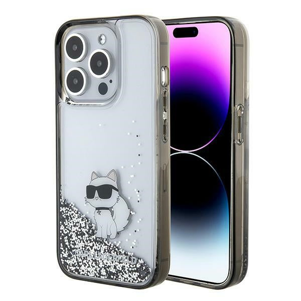Karl Lagerfeld Liquid Glitter Choupette dėklas, skirtas iPhone 15 Pro Max - skaidrus