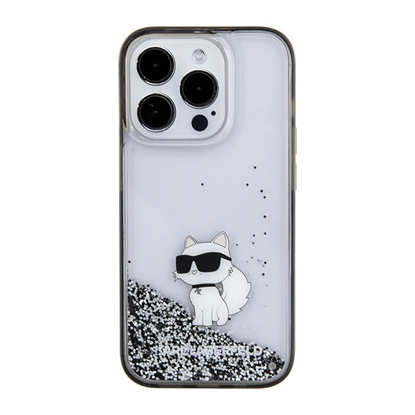 Karl Lagerfeld Liquid Glitter Choupette dėklas, skirtas iPhone 15 Pro Max - skaidrus