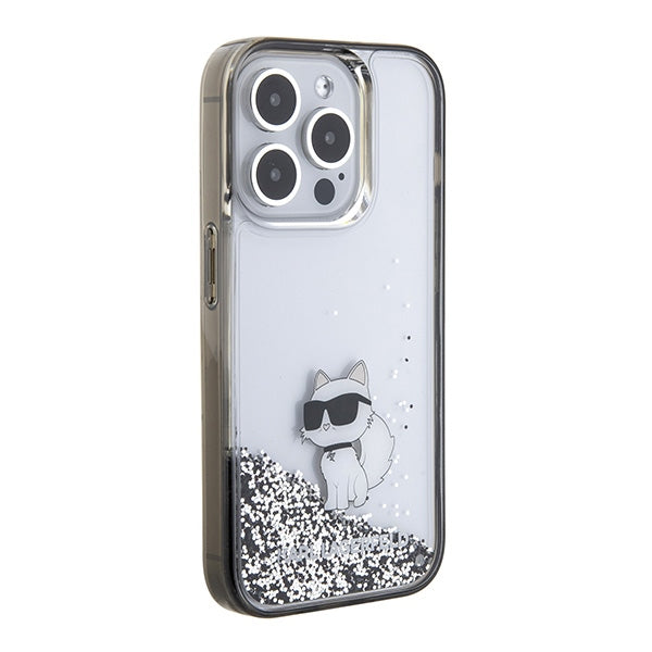 Karl Lagerfeld Liquid Glitter Choupette dėklas, skirtas iPhone 15 Pro Max - skaidrus