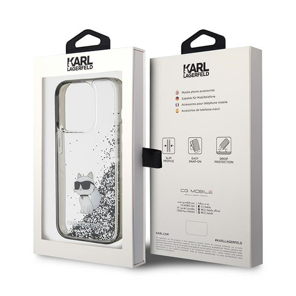 Karl Lagerfeld Liquid Glitter Choupette dėklas, skirtas iPhone 15 Pro Max - skaidrus