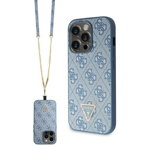 Guess kietas dėklas su dirželiu iPhone 14 Pro Max – mėlynas