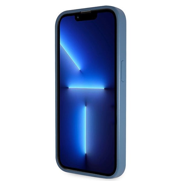 Guess kietas dėklas su dirželiu iPhone 14 Pro Max – mėlynas