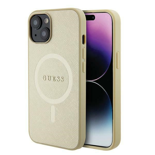 Guess Saffiano MagSafe dėklas iPhone 15 Plus – auksinis