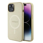 Guess Saffiano MagSafe dėklas iPhone 15 Plus – auksinis
