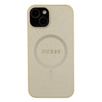 Guess Saffiano MagSafe dėklas iPhone 15 Plus – auksinis