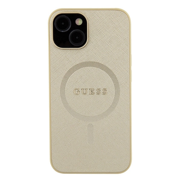 Guess Saffiano MagSafe dėklas iPhone 15 Plus – auksinis