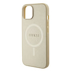 Guess Saffiano MagSafe dėklas iPhone 15 Plus – auksinis