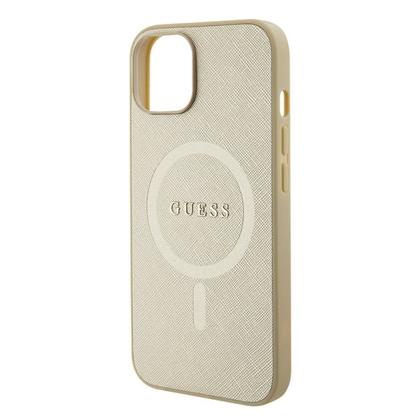 Guess Saffiano MagSafe dėklas iPhone 15 Plus – auksinis