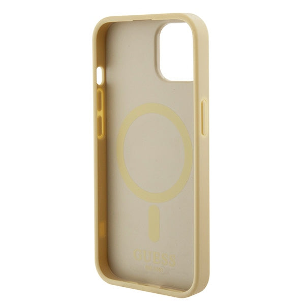 Guess Saffiano MagSafe dėklas iPhone 15 Plus – auksinis
