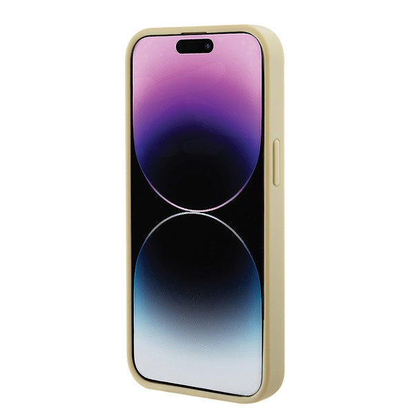 Guess Saffiano MagSafe dėklas iPhone 15 Plus – auksinis