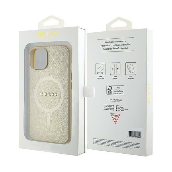 Guess Saffiano MagSafe dėklas iPhone 15 Plus – auksinis