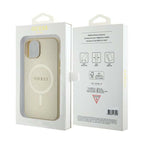 Guess Saffiano MagSafe dėklas iPhone 15 Plus – auksinis