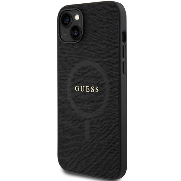 Guess Saffiano MagSafe dėklas iPhone 15 Plus – juodas