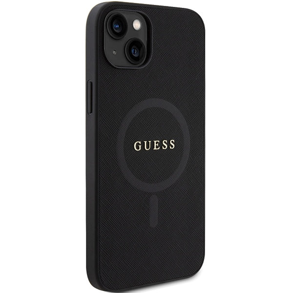 Guess Saffiano MagSafe dėklas iPhone 15 Plus – juodas