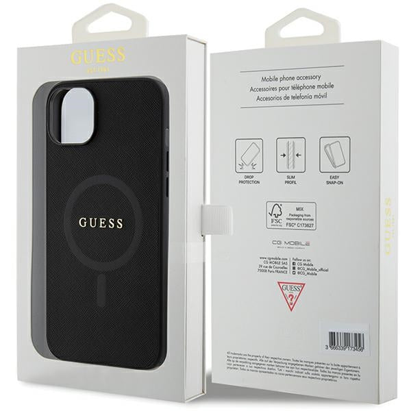 Guess Saffiano MagSafe dėklas iPhone 15 Plus – juodas
