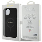 Guess Saffiano MagSafe dėklas iPhone 15 Plus – juodas
