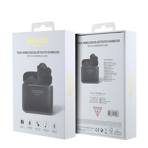 Guess Bluetooth ausinės GUTWSSU20ALEGK TWS + prijungimo stotelė juoda/juoda Spausdintas logotipas