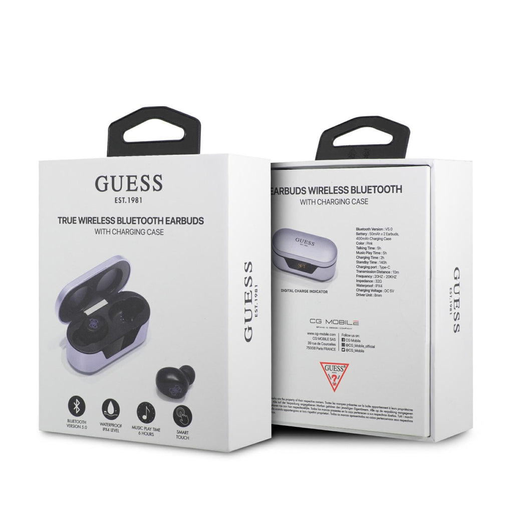 Guess GUTWST31EU TWS Bluetooth ausinės + prijungimo stotelė violetinė/violetinė